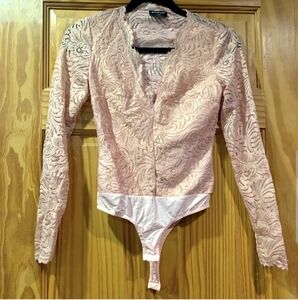 Bebe Pink Scalloped Shimmer Lace Bodysuit with Snap Closure - Size XXS